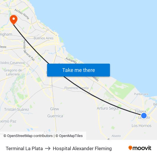Terminal La Plata to Hospital Alexander Fleming map