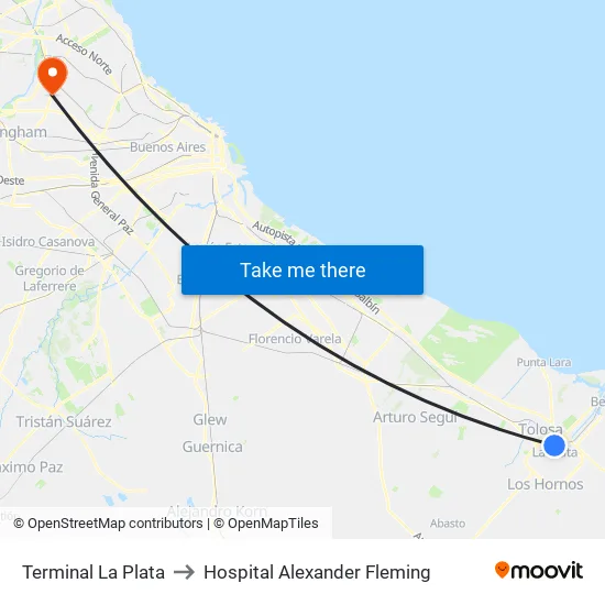 Terminal La Plata to Hospital Alexander Fleming map