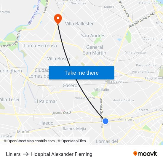 Liniers to Hospital Alexander Fleming map