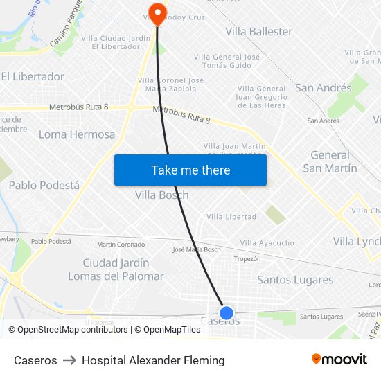 Caseros to Hospital Alexander Fleming map