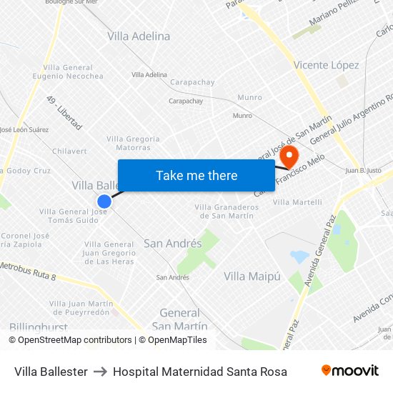 Villa Ballester to Hospital Maternidad Santa Rosa map