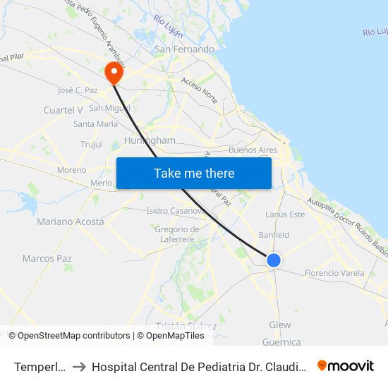 Temperley to Hospital Central De Pediatria Dr. Claudio Zin map