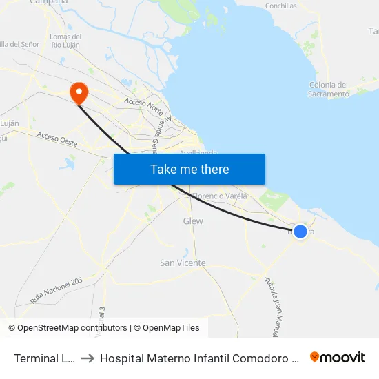 Terminal La Plata to Hospital Materno Infantil Comodoro Hugo César Meisner map