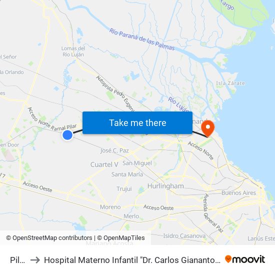 Pilar to Hospital Materno Infantil "Dr. Carlos Gianantonio" map