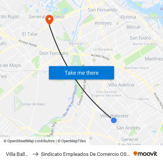 Villa Ballester to Sindicato Empleados De Comercio OSECAC Norte map