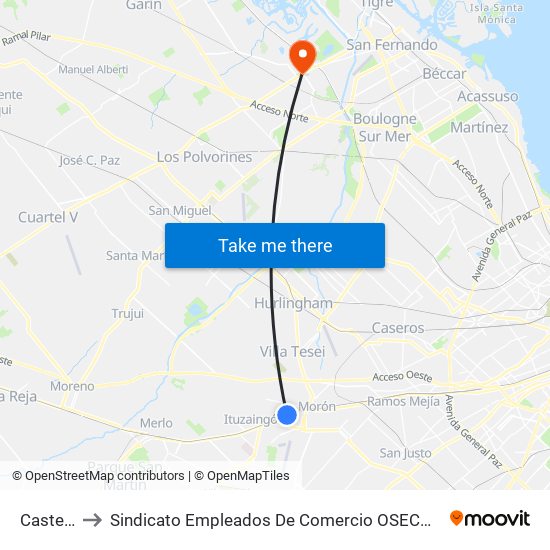 Castelar to Sindicato Empleados De Comercio OSECAC Norte map