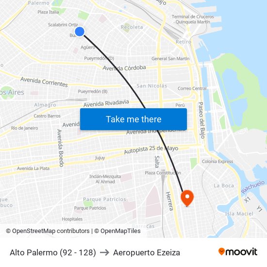 Alto Palermo (92 - 128) to Aeropuerto Ezeiza map