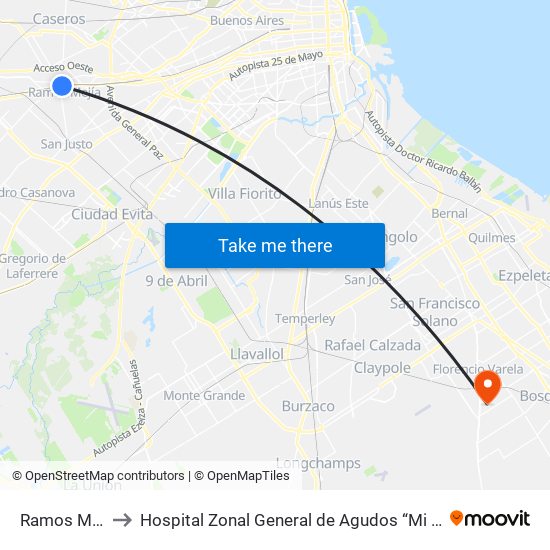 Ramos Mejía to Hospital Zonal General de Agudos “Mi Pueblo” map