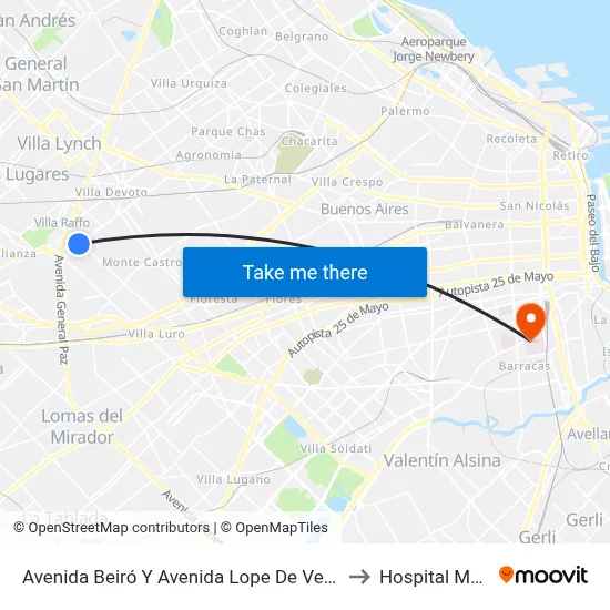 Avenida Beiró Y Avenida Lope De Vega (85 - 146) to Hospital Moyano map