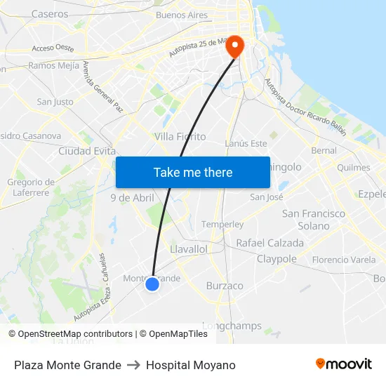 Plaza Monte Grande to Hospital Moyano map