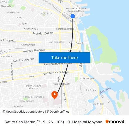 Retiro San Martín (7 - 9 - 26 - 106) to Hospital Moyano map