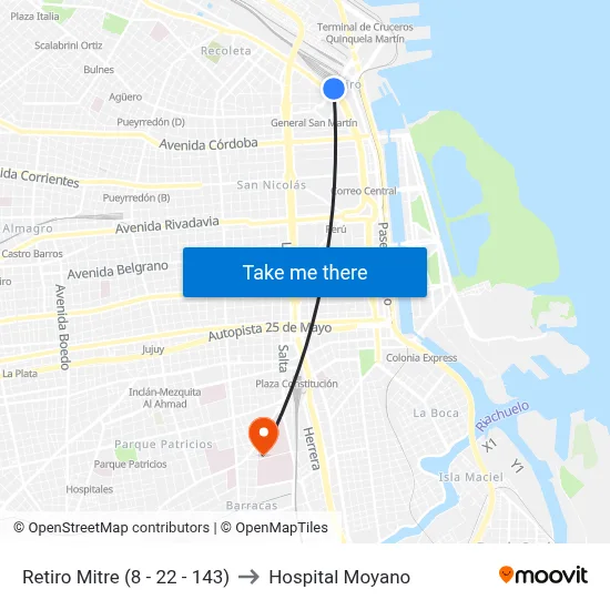 Retiro Mitre (8 - 22 - 143) to Hospital Moyano map