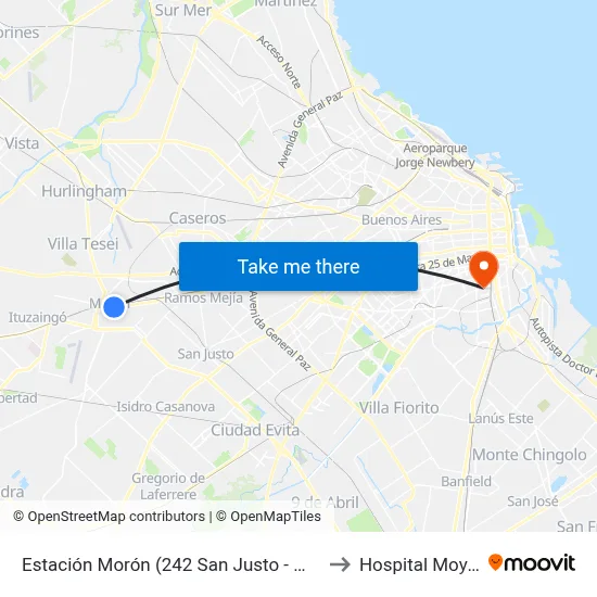 Estación Morón (242 San Justo - Marconi) to Hospital Moyano map