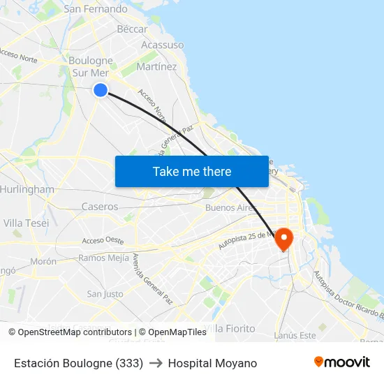 Estación Boulogne (333) to Hospital Moyano map