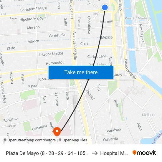 Plaza De Mayo (8 - 28 - 29 - 64 - 105 - 111 - 146) to Hospital Moyano map