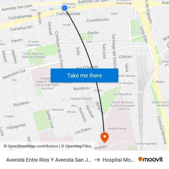 Avenida Entre Ríos Y Avenida San Juan (50) to Hospital Moyano map
