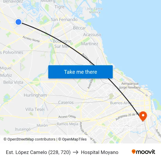 Est. López Camelo (228, 720) to Hospital Moyano map
