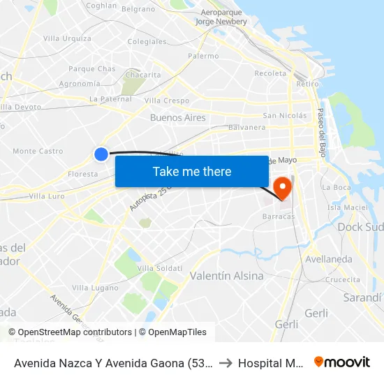Avenida Nazca Y Avenida Gaona (53 - 133 - 134) to Hospital Moyano map