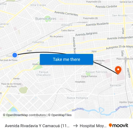 Avenida Rivadavia Y Camacuá (113 - 133) to Hospital Moyano map