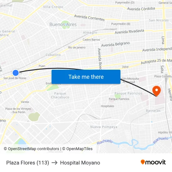 Plaza Flores (113) to Hospital Moyano map