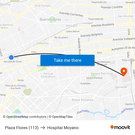 Plaza Flores (113) to Hospital Moyano map