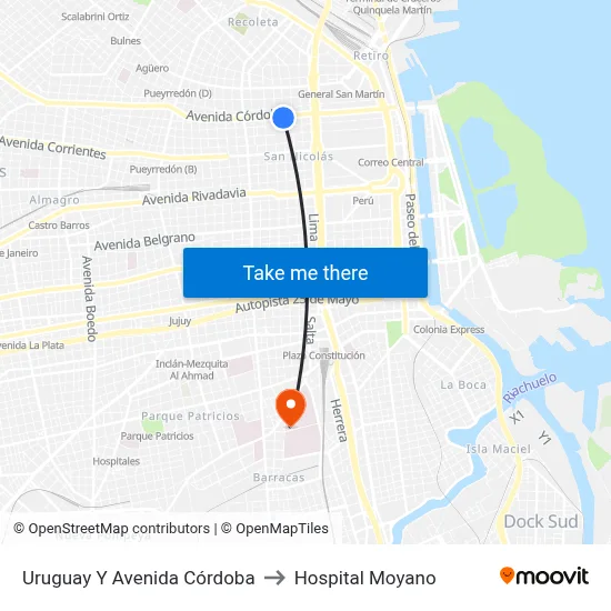 Uruguay Y Avenida Córdoba to Hospital Moyano map