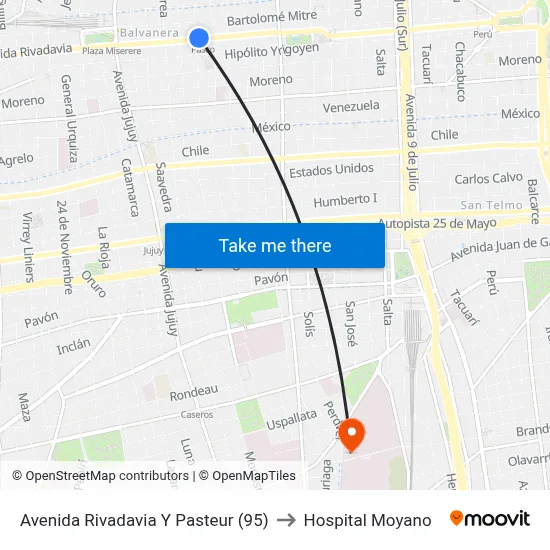 Avenida Rivadavia Y Pasteur (95) to Hospital Moyano map