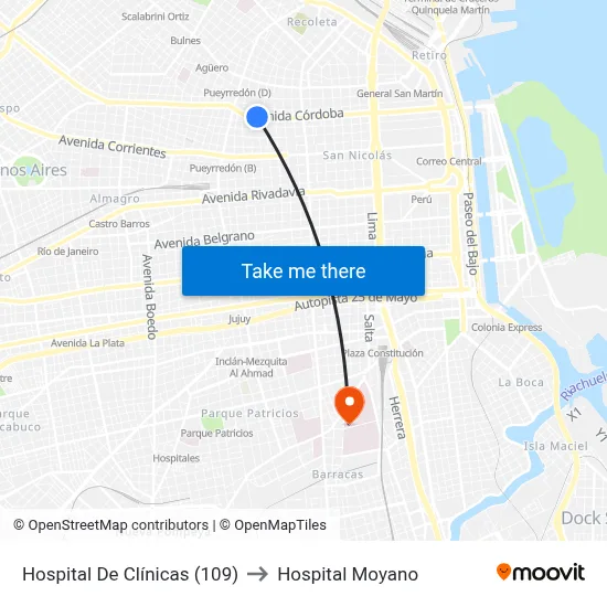 Hospital De Clínicas (109) to Hospital Moyano map