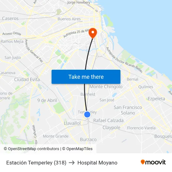 Estación Temperley (318) to Hospital Moyano map