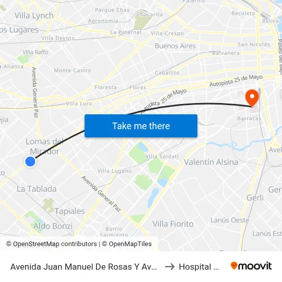 Avenida Juan Manuel De Rosas Y Avenida San Martín to Hospital Moyano map