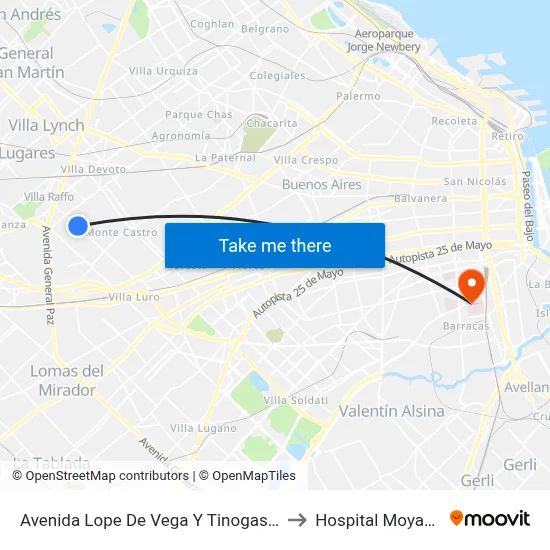 Avenida Lope De Vega Y Tinogasta to Hospital Moyano map