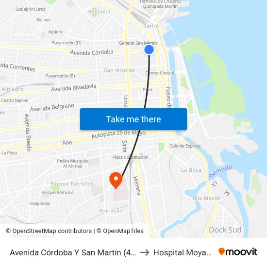 Avenida Córdoba Y San Martín (45) to Hospital Moyano map