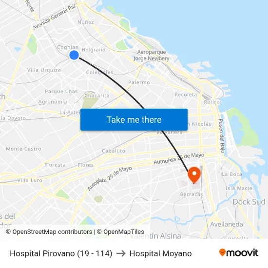 Hospital Pirovano (19 - 114) to Hospital Moyano map