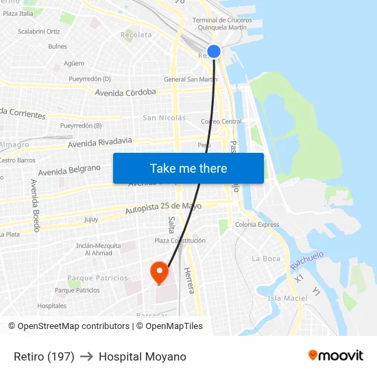 Retiro (197) to Hospital Moyano map