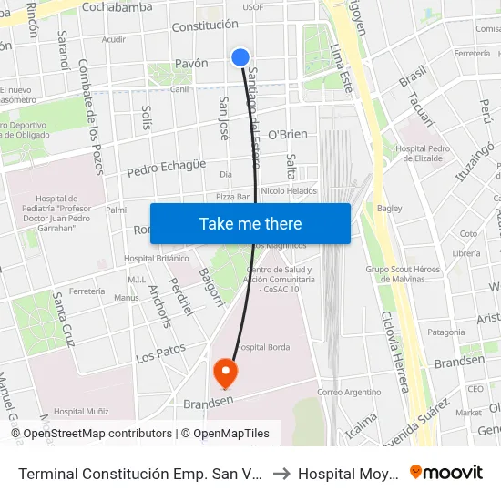 Terminal Constitución Emp. San Vicente to Hospital Moyano map