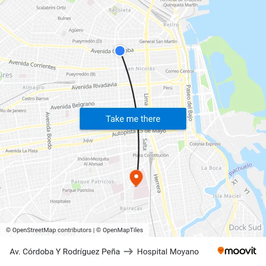Av. Córdoba Y Rodríguez Peña to Hospital Moyano map