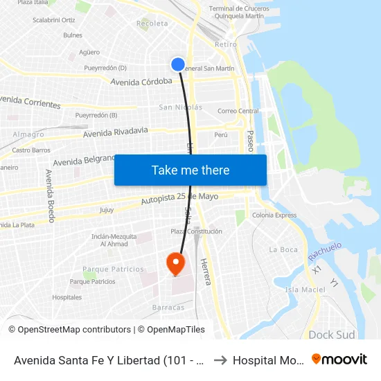 Avenida Santa Fe Y Libertad (101 - 108 - 152) to Hospital Moyano map