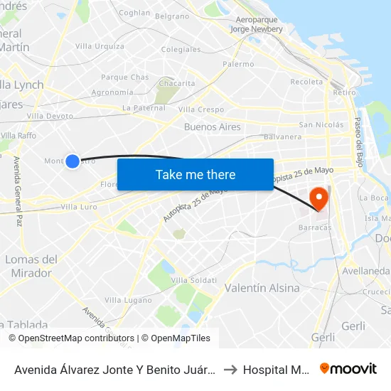 Avenida Álvarez Jonte Y Benito Juárez (53 - 106) to Hospital Moyano map
