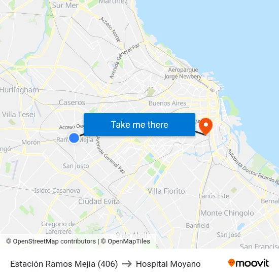 Estación Ramos Mejía (406) to Hospital Moyano map