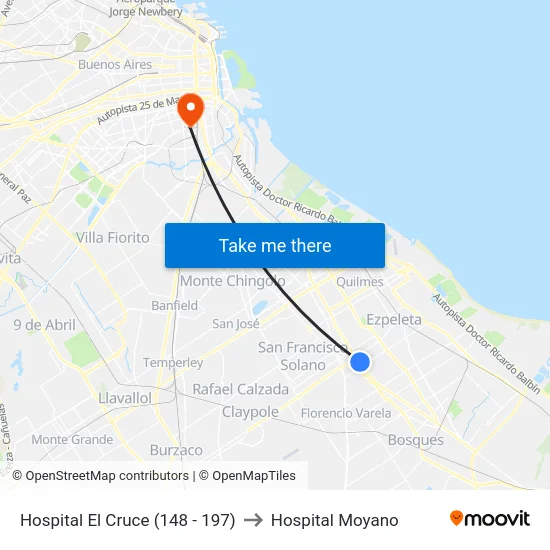 Hospital El Cruce (148 - 197) to Hospital Moyano map