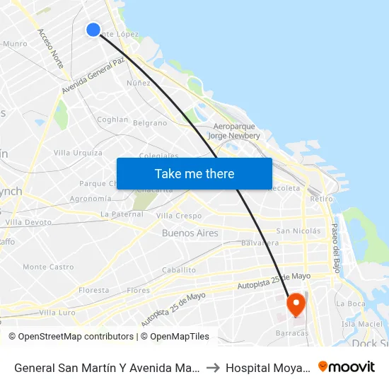 General San Martín Y Avenida Maipú to Hospital Moyano map