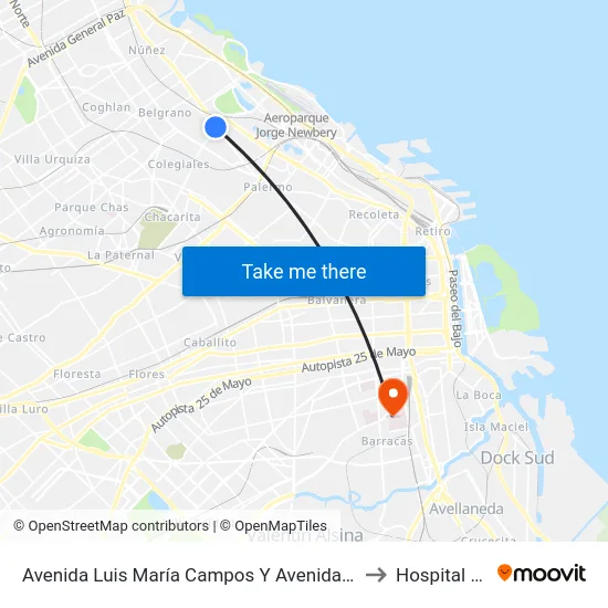 Avenida Luis María Campos Y Avenida Lacroze (15 - 60 - 118) to Hospital Moyano map