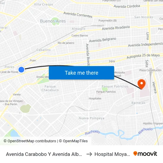 Avenida Carabobo Y Avenida Alberdi to Hospital Moyano map