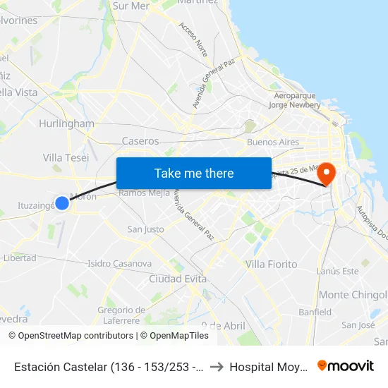 Estación Castelar (136 - 153/253 - 322) to Hospital Moyano map