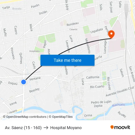 Av. Sáenz (15 - 160) to Hospital Moyano map