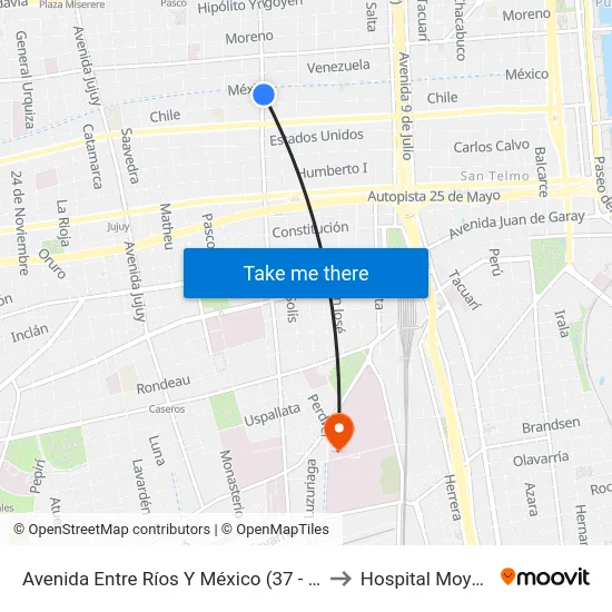 Avenida Entre Ríos Y México (37 - 150) to Hospital Moyano map