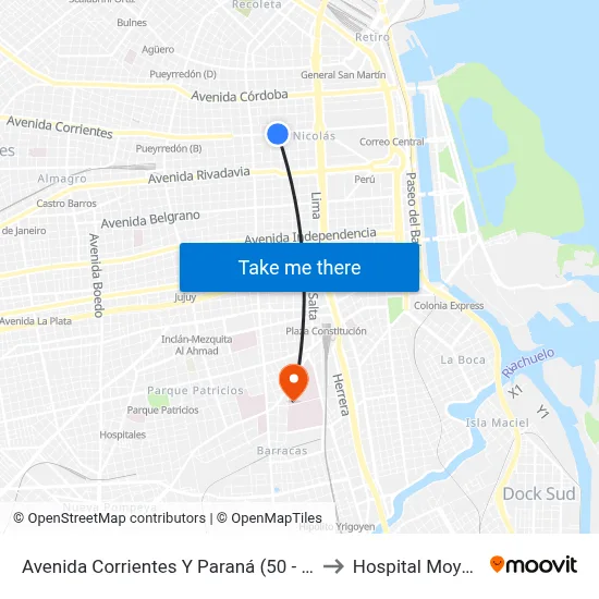 Avenida Corrientes Y Paraná (50 - 115) to Hospital Moyano map