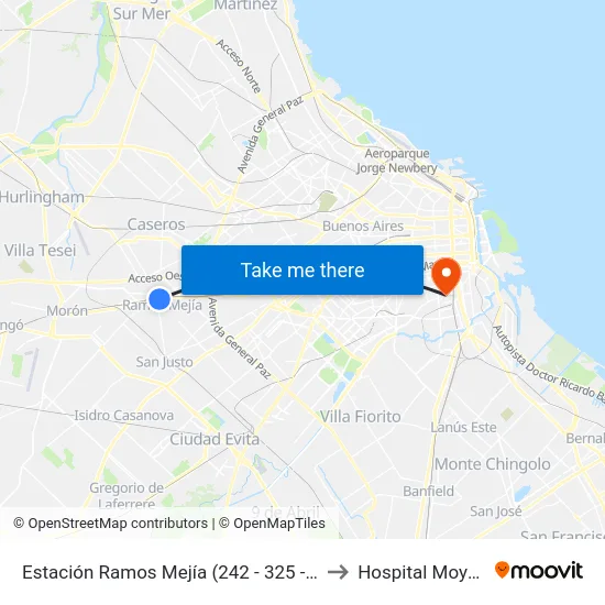 Estación Ramos Mejía (242 - 325 - 624) to Hospital Moyano map