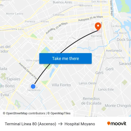 Terminal Línea 80 (Ascenso) to Hospital Moyano map