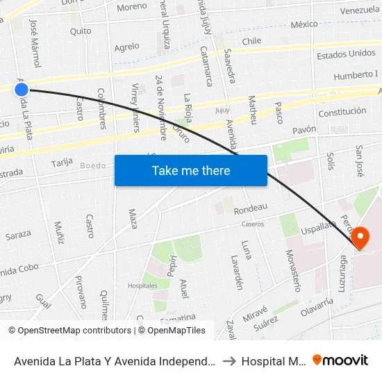 Avenida La Plata Y Avenida Independencia (65 - 119) to Hospital Moyano map
